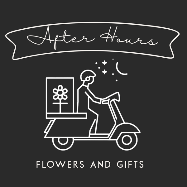 Logo for 'After Hours' flower and gift delivery service on a black background